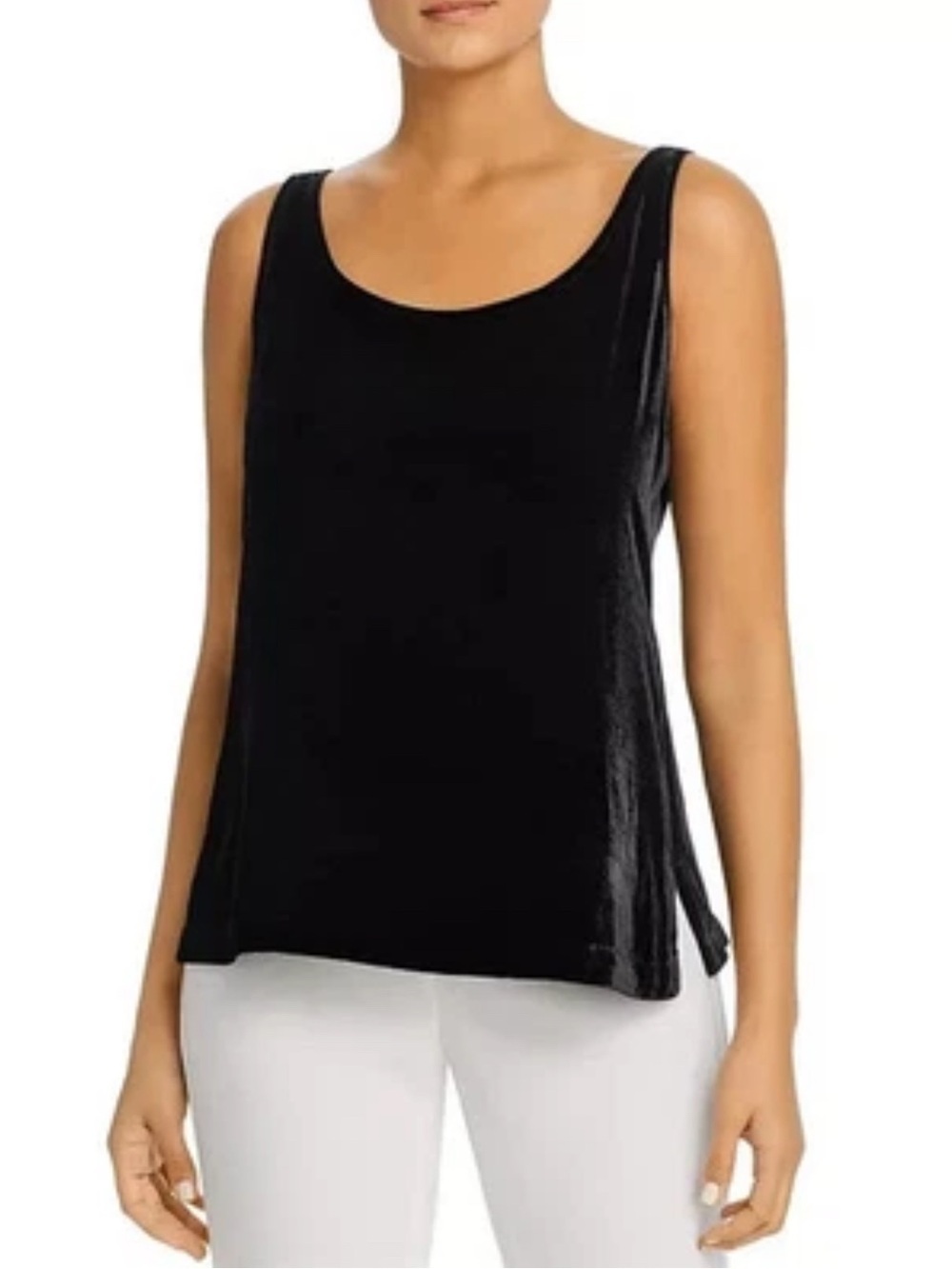 Eileen Fisher Black Velvet Silk Blend Boat Neck High Low Hem Tunic Tank Top SZ S